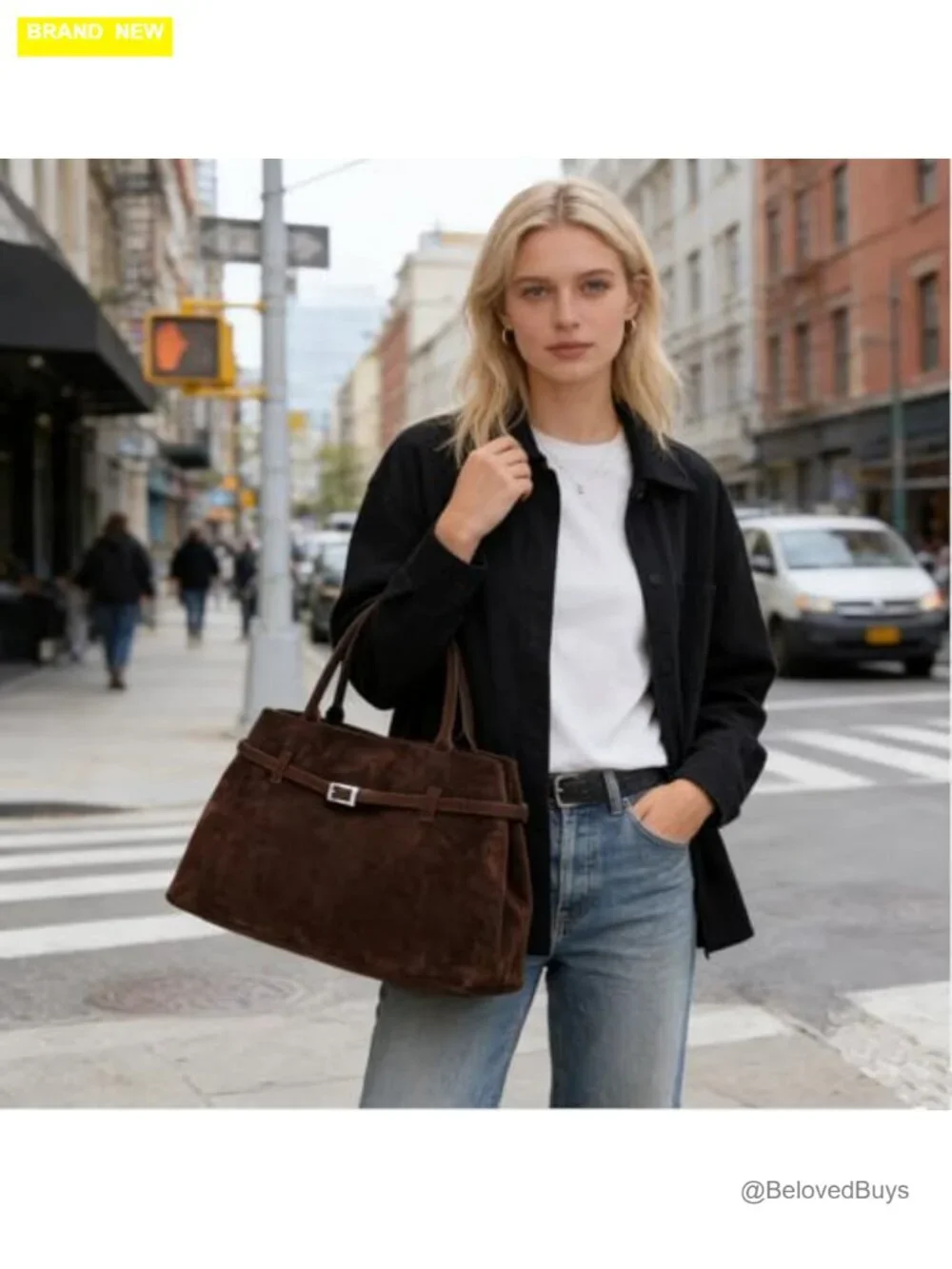 Vintage Faux Suede Satchel Tote Bag with Magnetic Closure